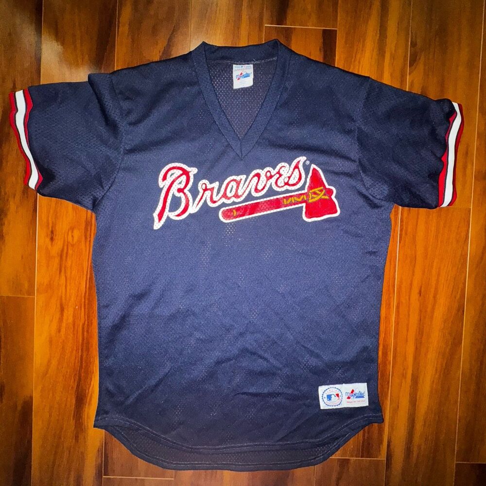 Vintage Atlanta Braves Majestic Jersey L USA Mesh Tomahawk Script MLB Navy